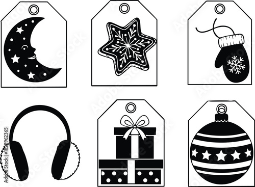 Black and white vector art winter gift tags with crescent moon star cookie mitten earmuffs stacked presents and ornament arranged in two rows minimal festive design