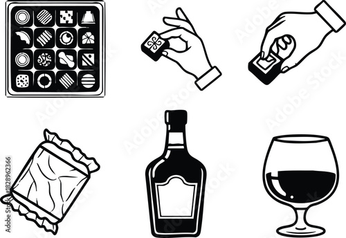 Minimalist vector art of assorted chocolate box hands holding candy liquor bottle candy bar and brandy glass in black and white icons