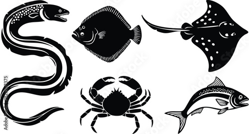 Flat design marine animal silhouettes with fierce eel crab flounder ray and fish grouped as black icons on white in bold graphic style