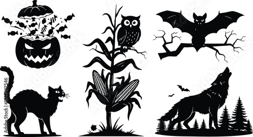Spooky halloween vector art with pumpkin candy explosion black cat cornfield owl flying bat on branch and howling wolf among pine trees silhouettes