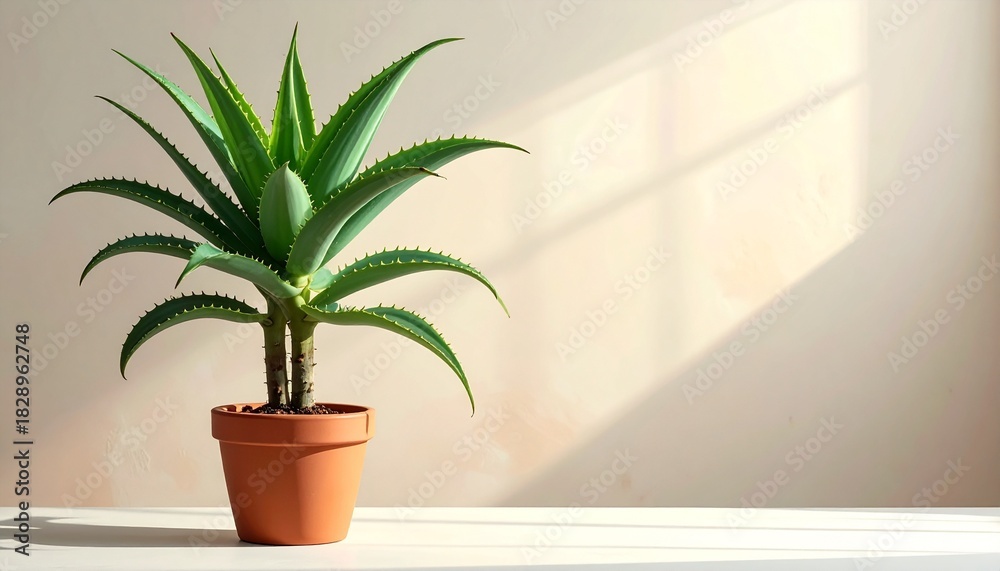 Fototapeta premium Aloe Vera Plant in Pot with Sunlight Shadows for Home Decor and Natural Beauty.