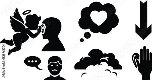 Flat icon set of cupid whispering to human ear with love thought cloud arrow pointing down speech bubble angry man dust cloud and hand gesture
