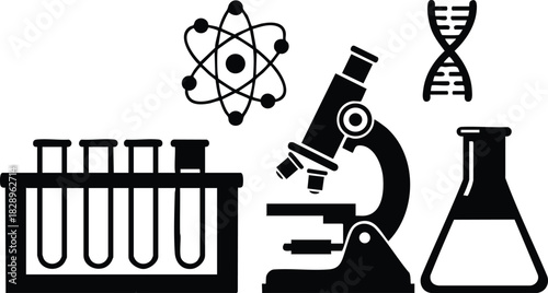 Monochrome science vector art with microscope test tubes atom symbol dna helix and laboratory flask in simple flat silhouette style for research education design