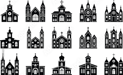 A varied collection of black silhouette church and cathedral icons displayed on a crisp white background