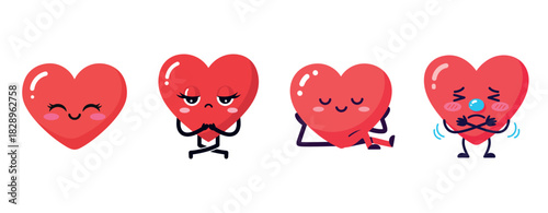 Cute cartoon hearts displaying various emotions: happy, sad, relaxed, nervous