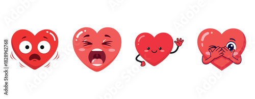 Four cartoon heart characters expressing diverse emotions with playful faces