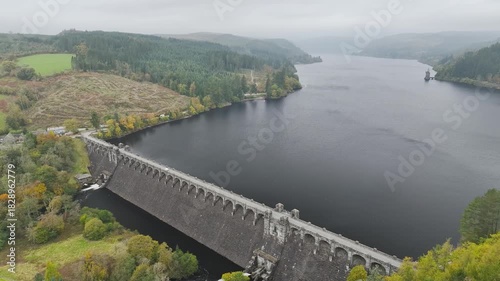 Wallpaper Mural Autumn over Llyn Brianne Dam and Reservoir from a drone, Lake Vyrnwy, Powys, Wales, UK Torontodigital.ca