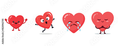 Cute heart characters with happy, surprised, sad, and calm expressions