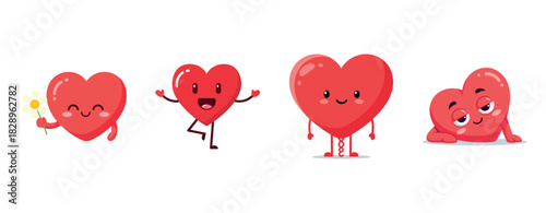 Cute cartoon red hearts with expressions and poses on white background