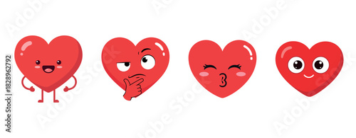 Cute red heart characters with expressions on white background