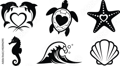 Marine tattoo vector art with dolphins forming heart shape turtle with heart shell starfish wave seahorse and seashell icons in bold black silhouette style