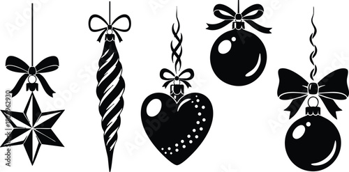 Monochrome vector art of hanging christmas ornaments with bows star icicle heart baubles and curling strings in flat silhouette style festive and elegant mood