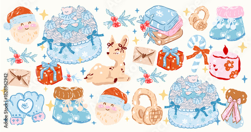 Cozy Winter Clipart Bundle featuring warm hygge elements including hot cocoa mugs, knitted sweaters, scarves, mittens, candles, snowflakes, pine branches, fireplace decor and soft neutral winter 