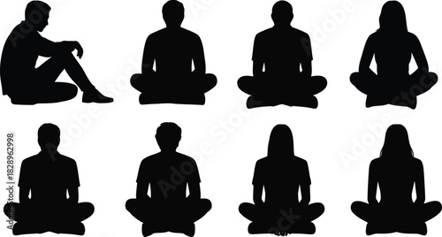 A varied set of black human silhouettes sitting in cross legged and relaxed meditation poses