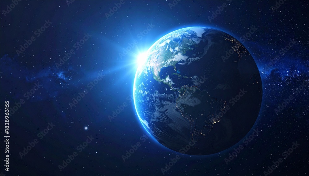 Obraz premium Earth From Space Sun Rising Shining Light Rays Cosmos Galaxy Planet Conceptual Image For Global Issues and Exploration.