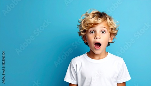Surprised Young Boy with Blond Curly Hair Looks Astonished Against a Bright Blue Background.
