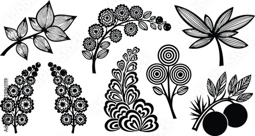 Black vector art collection of decorative floral branches berries and leaf ornaments with bold linework and folk style shapes arranged separately on clean white background