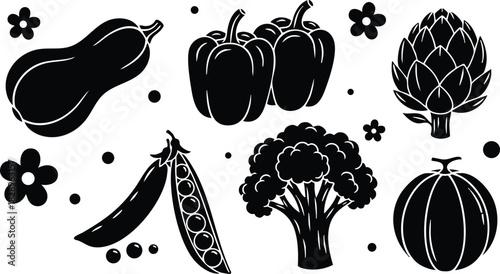 Flat black vegetable silhouettes with butternut squash bell peppers broccoli artichoke peas and pumpkin surrounded by small flowers and dots on clean white vector background