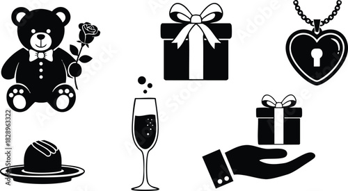 Flat design black romantic icons with teddy bear holding rose gift boxes in hand heart locket champagne glass and dessert for valentines day celebration