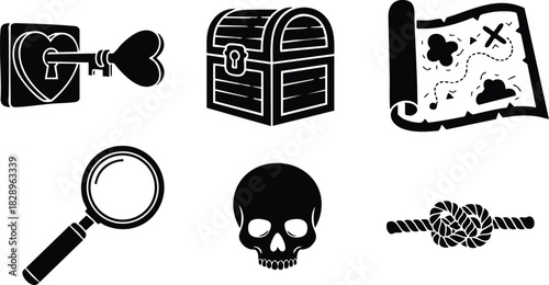 Flat vector pirate themed icons with heart key treasure chest skull rope knot map and magnifying glass in bold black silhouette style