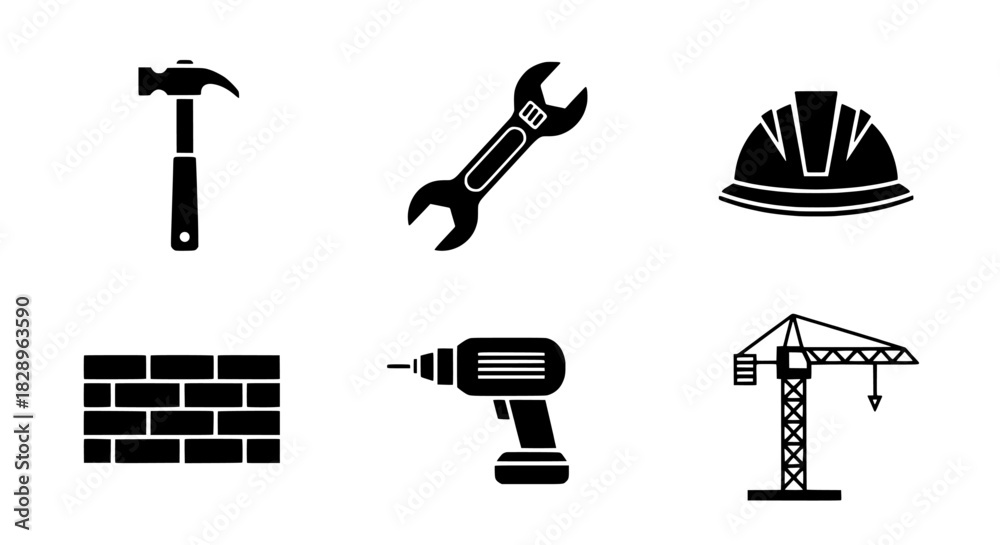 Obraz premium Construction Toolkit Hammer, Wrench, Hard Hat, Bricks, Drill, Crane Icons
