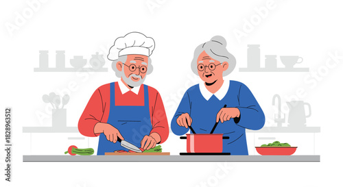 A heartwarming illustration of a happy senior couple cooking a healthy meal together in their modern kitchen at home.