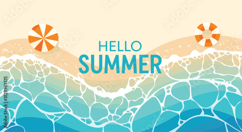 A beautiful top-down aerial view of a sandy beach with turquoise ocean waves and 'Hello Summer' text for a vacation banner.