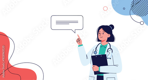A friendly female doctor with a stethoscope pointing to a blank speech bubble for medical advice or health care information.