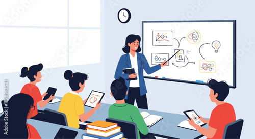 A female teacher giving a lesson using a whiteboard while students engage with digital tablets in a modern smart classroom.