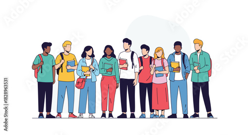 A diverse group of smiling young college or university students standing together with books and backpacks on a white background.