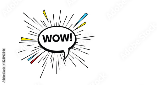 A dynamic comic book style speech bubble with the word WOW and explosive radial lines for expressing surprise and excitement.