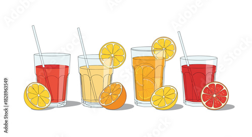 A refreshing collection of colorful citrus juices in glasses with straws and fresh fruit slices on a white background.