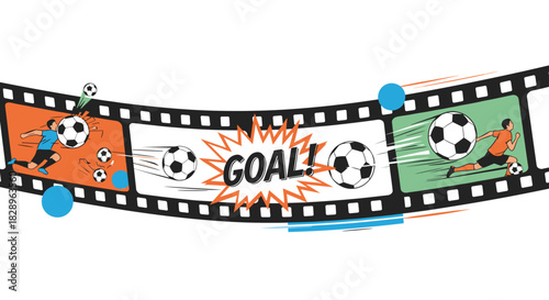 A dynamic comic book style film strip showing a soccer player scoring a goal with an explosive 'GOAL' text effect.