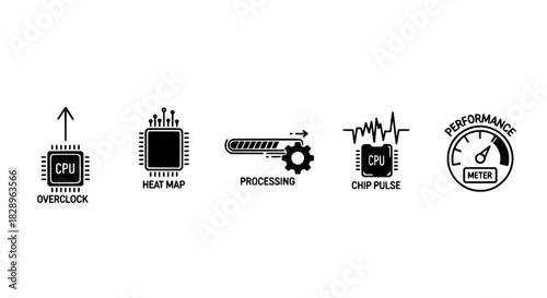 Processor performance and data handling metrics icon set for digital system optimization and analysis