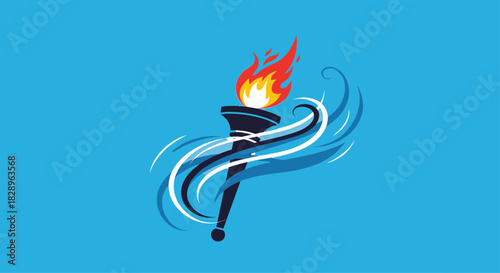 A stylized illustration of a flaming torch symbolizing victory and competition with dynamic swirls on a solid blue background.