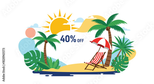 A summer sale promotion banner offering 40 percent off with a beautiful tropical beach scene including palm trees and a sun.