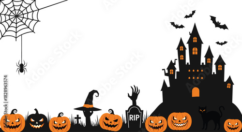 A spooky Halloween landscape background with a haunted castle jack-o-lanterns a black cat and bats on a white background.