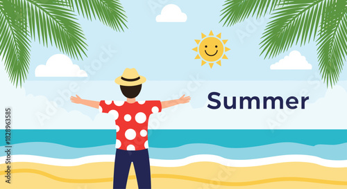A happy man enjoying his summer vacation on a tropical beach with a smiling sun in the sky and his arms outstretched.
