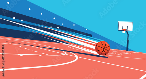 A dynamic vector illustration of a basketball bouncing on an empty court with motion lines leading towards the hoop.