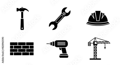 Construction Toolkit Hammer, Wrench, Hard Hat, Bricks, Drill, Crane Icons