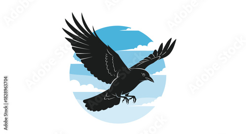 A striking black silhouette of a flying crow or raven set against a circular blue sky with clouds for a powerful logo.