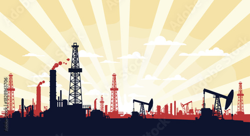 A powerful silhouette of an oil industry landscape with refineries and pumpjacks against a dramatic sky with sun rays.