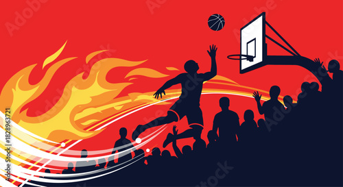An exciting silhouette of a basketball player performing a spectacular slam dunk in front of a cheering crowd and flames.