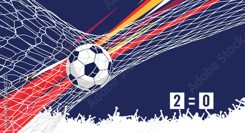 A thrilling soccer match scene with the ball in the net the score at 2-0 and the crowd of fans celebrating the goal.