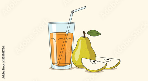 A healthy glass of fresh pear juice with a straw next to a whole pear and two slices on a light-colored background.