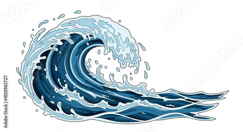 A large curling ocean wave in a dramatic and stylized traditional Japanese woodblock print art style on a white background.