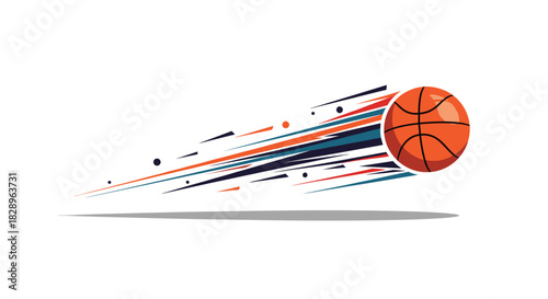 A dynamic illustration of a basketball flying at high speed with colorful abstract motion trails and a shadow underneath.