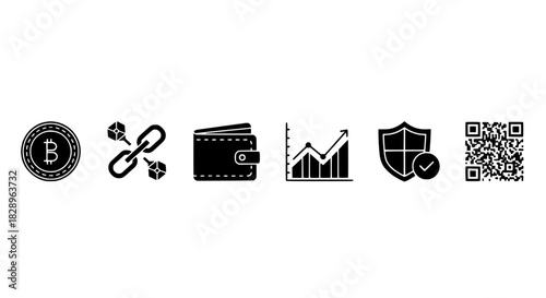 Cryptocurrency Finance Icons Bitcoin, Blockchain, Wallet, Chart, Shield, and QR Code Designs