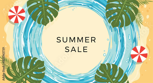 A top-down view of a tropical beach with monstera leaves creating a circular frame for a 'Summer Sale' promotion.