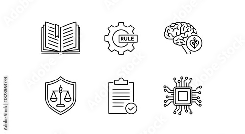 AI Ethics, Legal Guidelines, and Technological Innovation Icons Collection